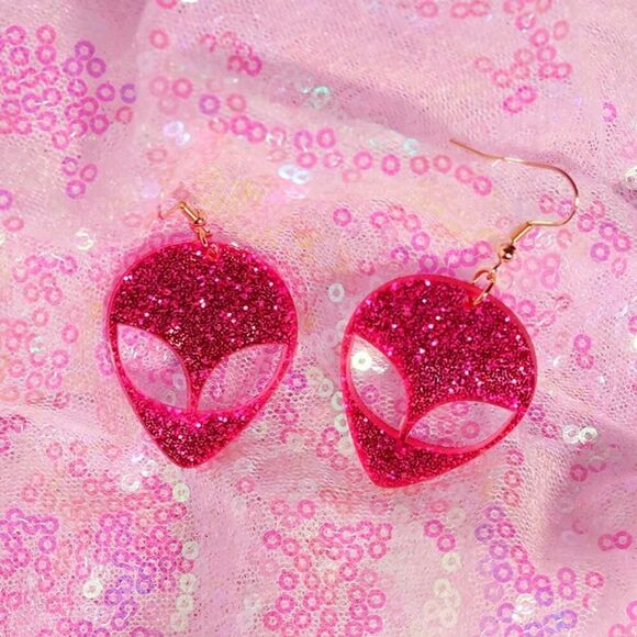 Pink Sparkly Alien‎ Acrylic Earrings - Picture 7 of 7